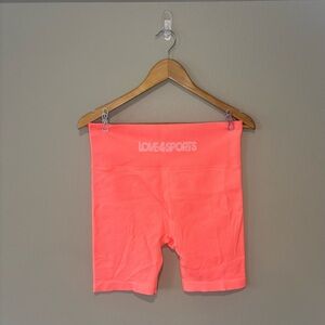LOVE&SPORTS Neon Orange Athletic Gym Shorts Spandex, High Rise Like New XL